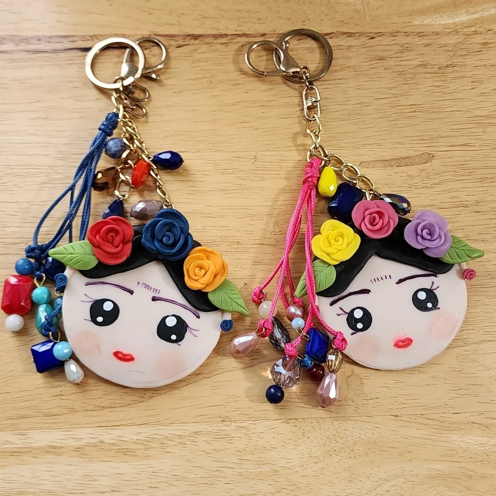 2 Handmade French Clay Frida Kahlo Keychain Colorful Artisan Bag Charm